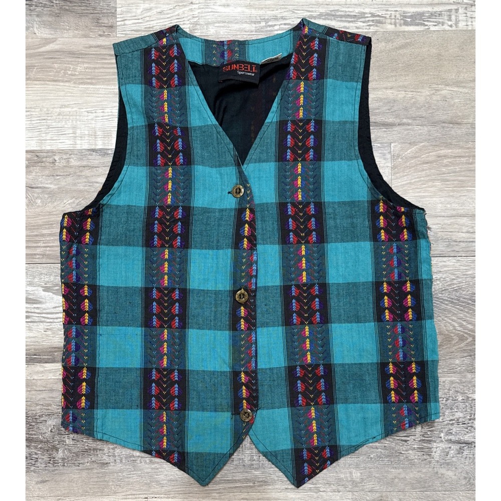 Vintage 1990s Sunbelt Green Plaid Vest Southwestern Aztec Cotton Medium Shirt